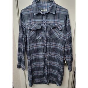 ORVIS Lodge Women's Medium Flannel Shirtdress Plaid Blue Pink Front Button-up